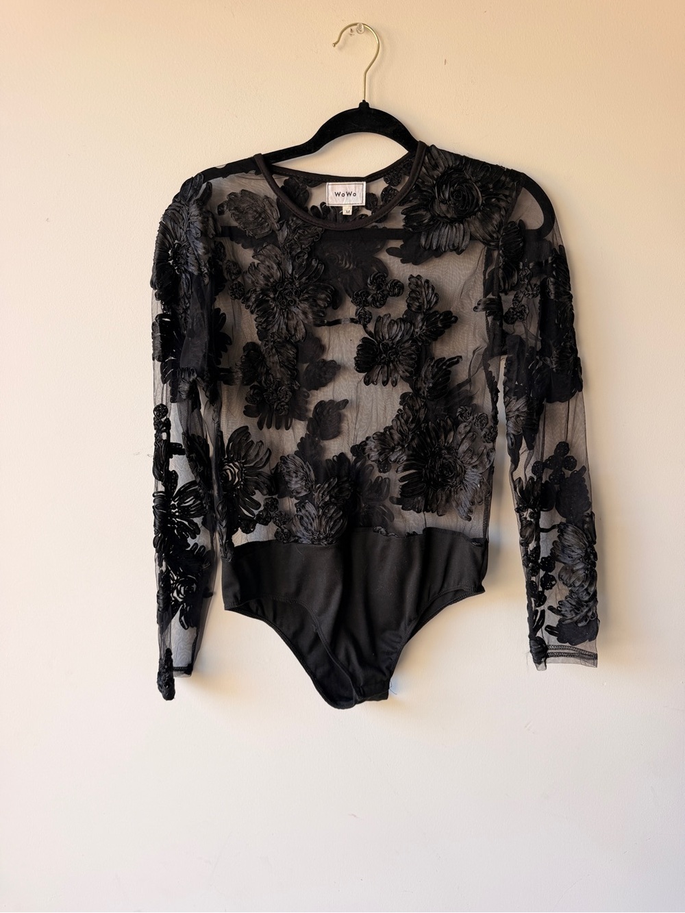 Black Floral Sheer Velvet Appliqué Long-Sleeve Bodysuit